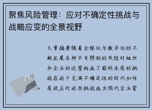 聚焦风险管理：应对不确定性挑战与战略应变的全景视野